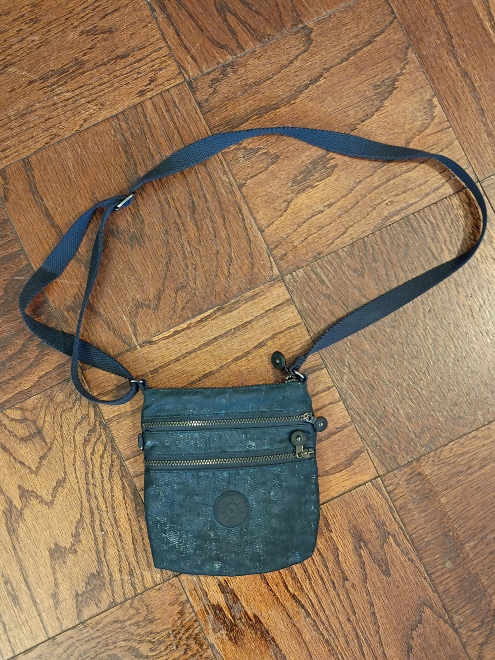 Kipling Keiko Navy Blue Metallic Shimmer Mini Crossbody Nylon Bag Minimalist